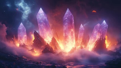 A fantasy video background of epic crystals erupting with fiery energy, a mystical scene of raw magic and otherworldly power footage.