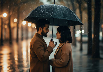A romantic couple shares a moment of intimacy under an umbrella on a rainy city night.