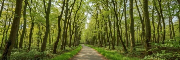 Walkway in a green spring beech forest. Beautiful natural tunnel. Eco tourism, travel destinations, environmental conservation, pure nature