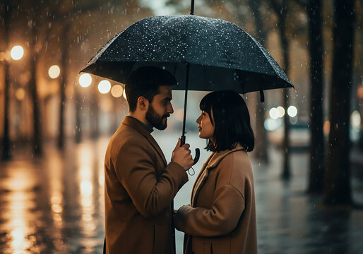 A romantic couple shares a moment of intimacy under an umbrella on a rainy city night.