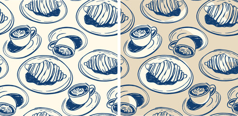 Fresh cafe hand drawn doodle pattern background with coffee and croissant. Menu art