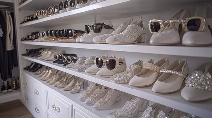 White walk-in closet filled with shoes & sunglasses