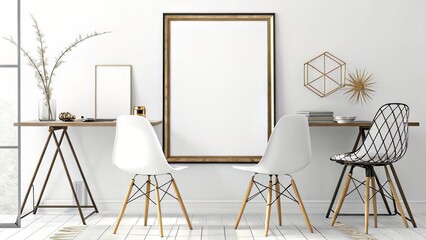Workspace Mockup with Designer Chairs and Blank Frame in Natural Light for Sophisticated Branding