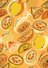 Juicy hand drawn doodle lemon orange pattern background.