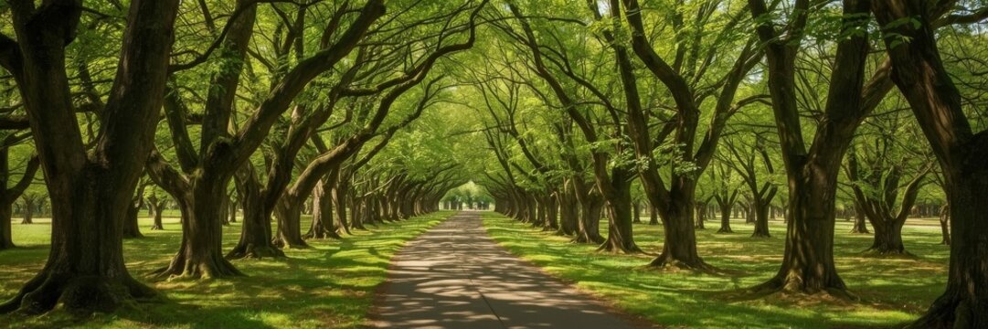 Walkway in a green spring beech forest. Beautiful natural tunnel. Eco tourism, travel destinations, environmental conservation, pure nature