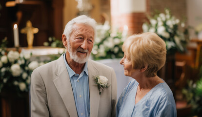 An elderly couple shares a joyful moment during their wedding ceremony.