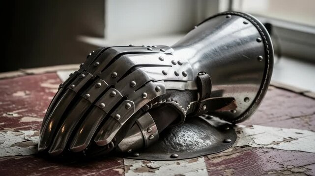 Medieval gauntlet armor resting on a distressed checkered surface history and protection