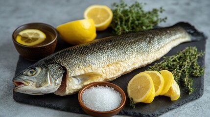Whole fish, lemon wedges, herbs, salt on a slate board