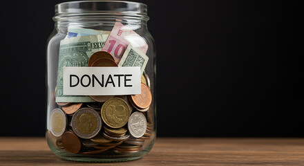 A glass jar filled with cash and coins, labeled for donations, against a black backdrop.