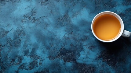White teacup, warm drink on textured blue surface