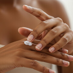 Fototapeta premium Female hands applying moisturizer.AI generative