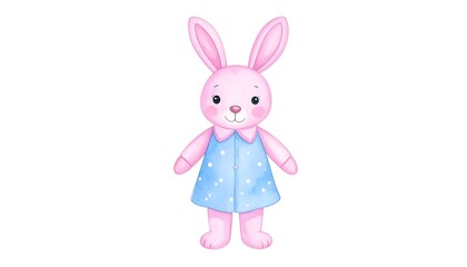 Obraz premium Cute pink rabbit in a blue dress