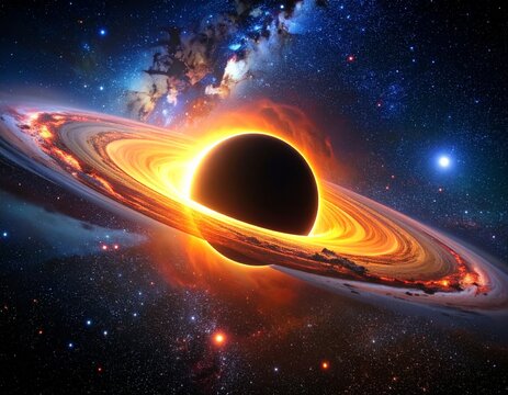 A cosmic illustration of a black hole with a glowing accretion disk, surrounded by stars.