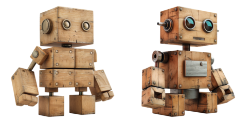 Wooden robot toy characters isolated on transparent PNG image perfect for children’s educational materials or tech-inspired visuals