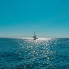 A solitary sailboat glides across a vast shimmering ocean under a clear blue sky