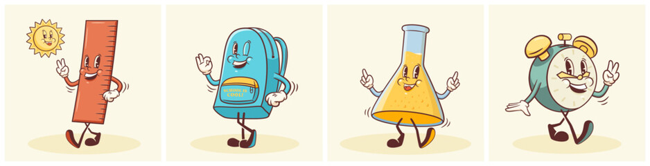 Groovy Back to School Retro Characters Set. Cartoon Pencil, Backpack, Clock, Book and Ruler. Vector Education Chemistry Mascot Templates. Happy Vintage Cool Learning Personage Illustrations Isolated