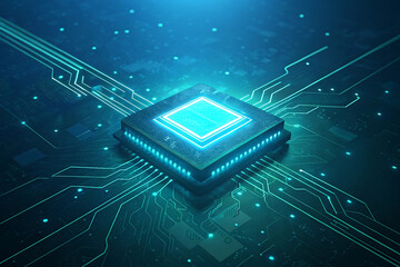 Futuristic glowing blue computer processor chip on a circuit board with glowing lines