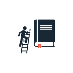 A person climbing a ladder towards a large book with a bookmark in a vector icon illustration © Nur