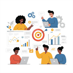 Diverse team discussing business target and results