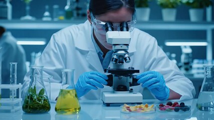 Female scientist uses a powerful microscope to analyze natural plant samples and food ingredients in a modern laboratory setting for botanical research and prod - Powered by Adobe