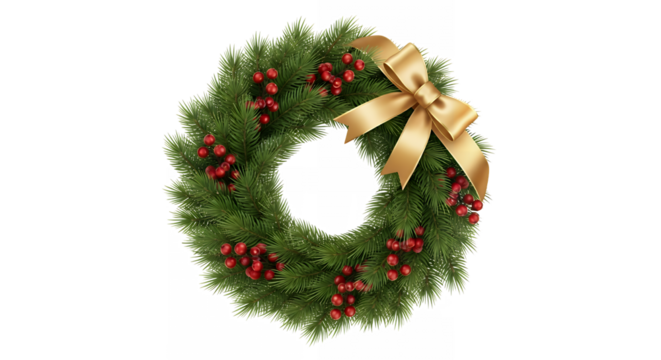 Festive Green Christmas Wreath with Red Berries and Golden Bow Isolated on Transparent Background