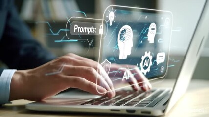 Typing on laptop with AI interface overlay. Prompt engineering, machine learning concept. Studio shot of hands coding on keyboard. Generative AI tech. - Powered by Adobe