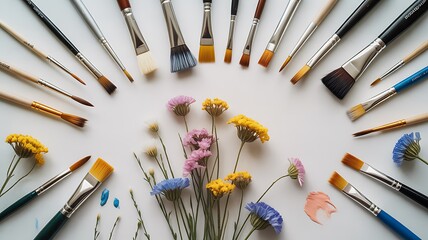 Artistic arrangement of assorted paintbrushes surrounding delicate dried flowers on a white surface