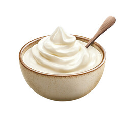 Creamy swirl of yogurt or sour cream in a bowl with wooden spoon on white background