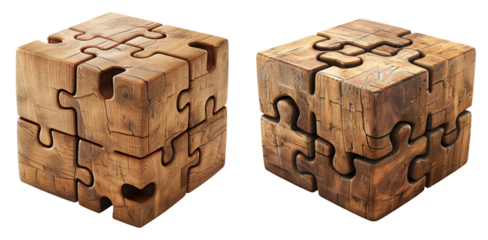 Wooden puzzle brain teaser cubes isolated on transparent PNG image perfect for logic games or educational toy content