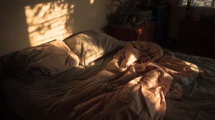 Freshly Changed Bed Sheets in Sunlit Bedroom Scene