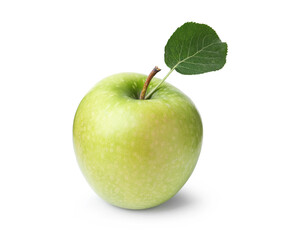 One green apple with leaf isolated on white