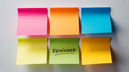 Six colorful sticky notes arranged in two rows one with a handwritten reminder on a light gray surface