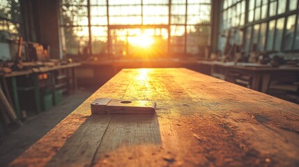 Wooden workbench in sunlit workshop