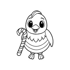 A cute cartoon bird stands holding a candy cane, presented in a black and white line drawing style, suitable for coloring pages.