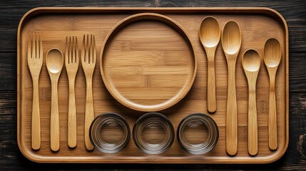 Wooden tableware set on a tray
