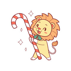 Cartoon lion holding a large red and white striped candy cane with a green bow, smiling and winking, surrounded by sparkles.