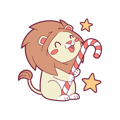 A cute cartoon lion with a happy expression holds a red and white striped candy cane, surrounded by two yellow stars.