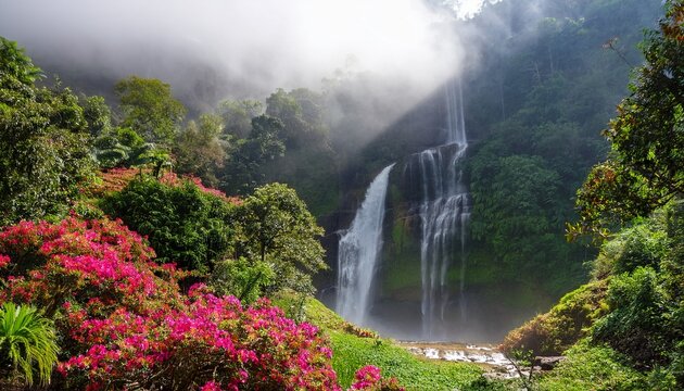 misty veil rises base cascading ramboda waterfall amidst lush greenery vibrant tropical flowers natural light