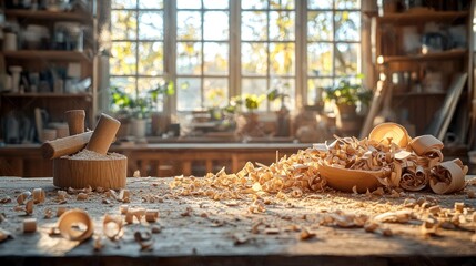 Wooden workshop table filled with sawdust, sunlight through window
