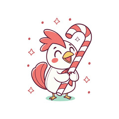 A cute cartoon chicken smiles while holding a large red and white striped candy cane, surrounded by sparkling stars.