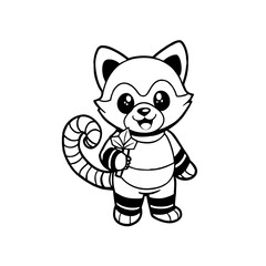 A cute cartoon red panda standing upright, holding a small flower, outlined in black and white.