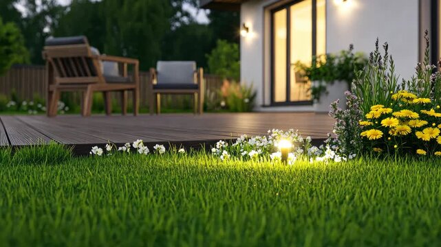 Bright flowers complement cozy seating as soft lighting creates a relaxing atmosphere in an outdoor garden setting