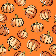 Seamless vector pumpkin pattern on orange background