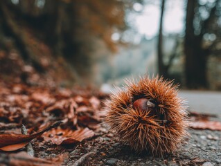 Close-up of a prickly chestnut burr on the ground.