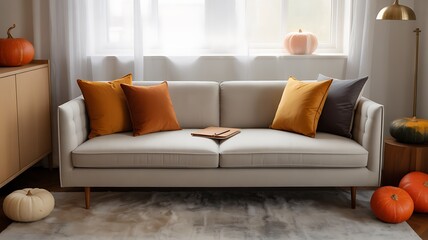 Cozy living room scene with autumnal decor featuring a sofa and pumpkins