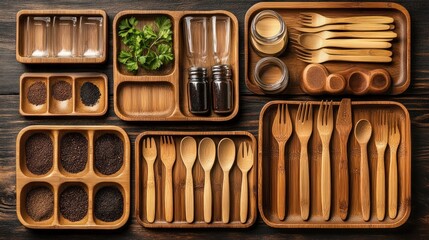 Wooden kitchenware, spice, and herbs