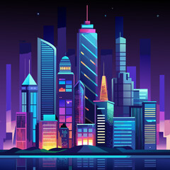 Vibrant Nighttime Cityscape with Reflections A stylized illustration of a modern city skyline at night featuring colorful buildings geometric shapes and water reflections in shades