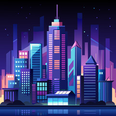 Fototapeta premium Vibrant Cityscape at Night with Reflections A stylized illustration of a modern city skyline featuring colorful buildings a dark sky with stars and reflections in