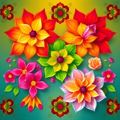 A vibrant and colorful floral arrangement featuring a mix of blossoms and traditional patterns.