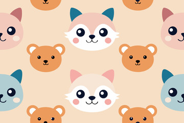 Fototapeta premium Cute vector animal heads collection with fun baby safari and pet characters like dog, cat, panda, pig, bird, and lion illustrations